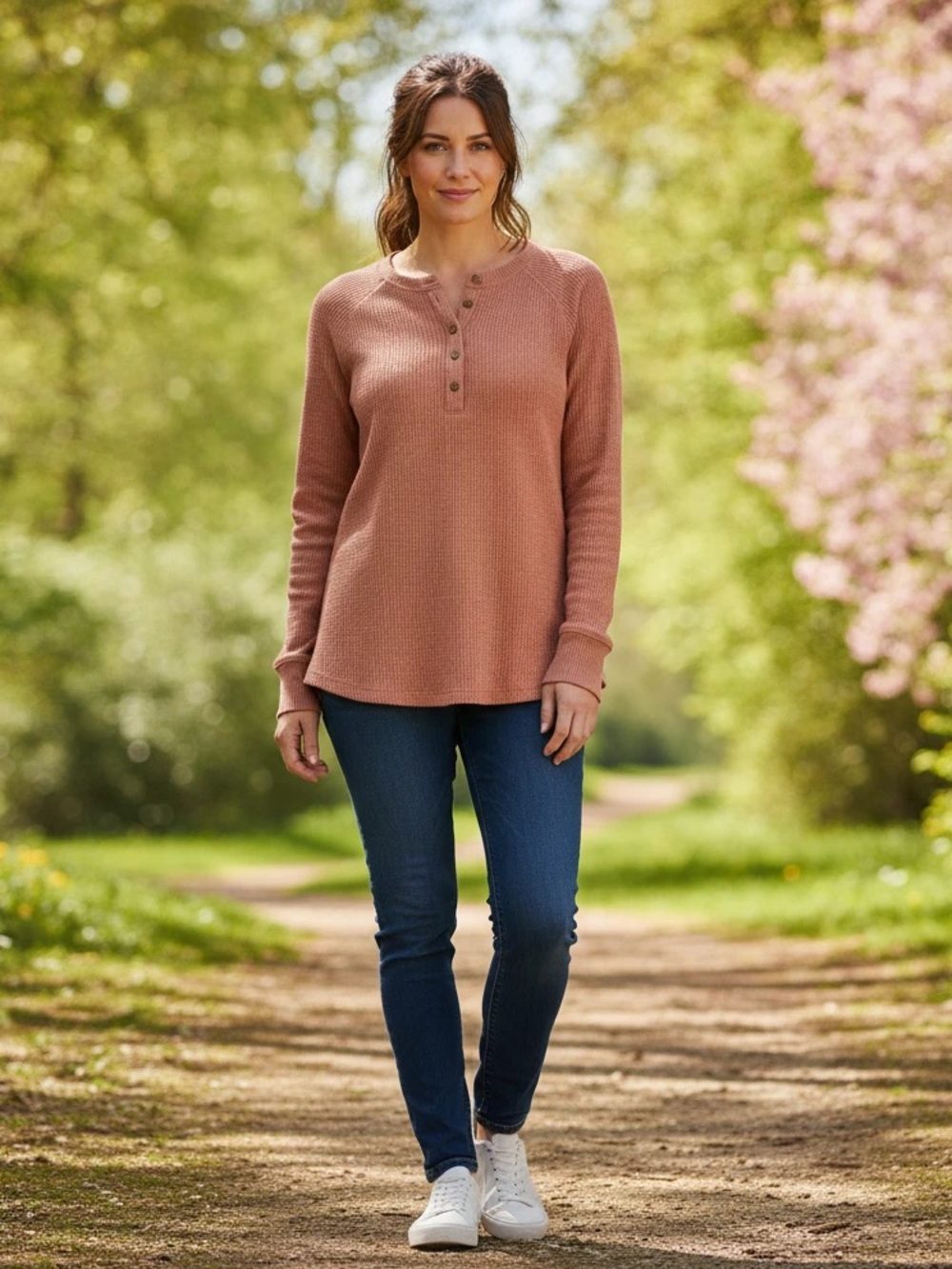 American Eagle Outfitters Women’s Henley Waffle Top in Pink. Size XS